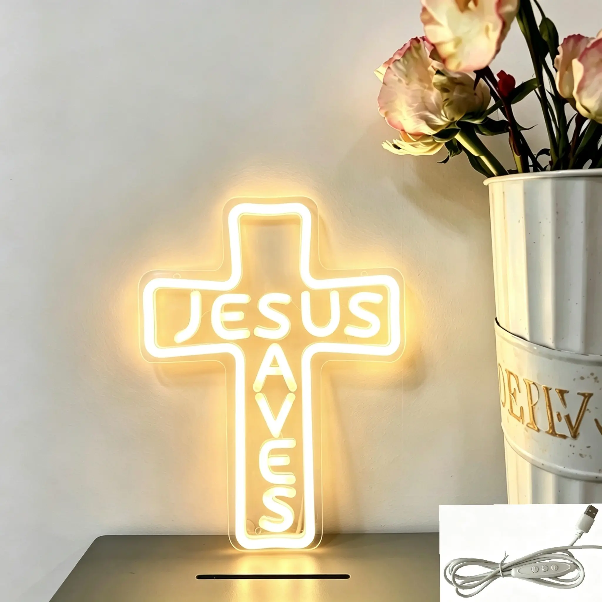 Jesus Saves Cross Shaped Decorative Light, Prayer Church Christian Bedroom Lamp, USB Powered, Adjustable Brightness, Wall Mountable, Spiritual Wall Decor, stylish religious decor, Religious Home Decor
