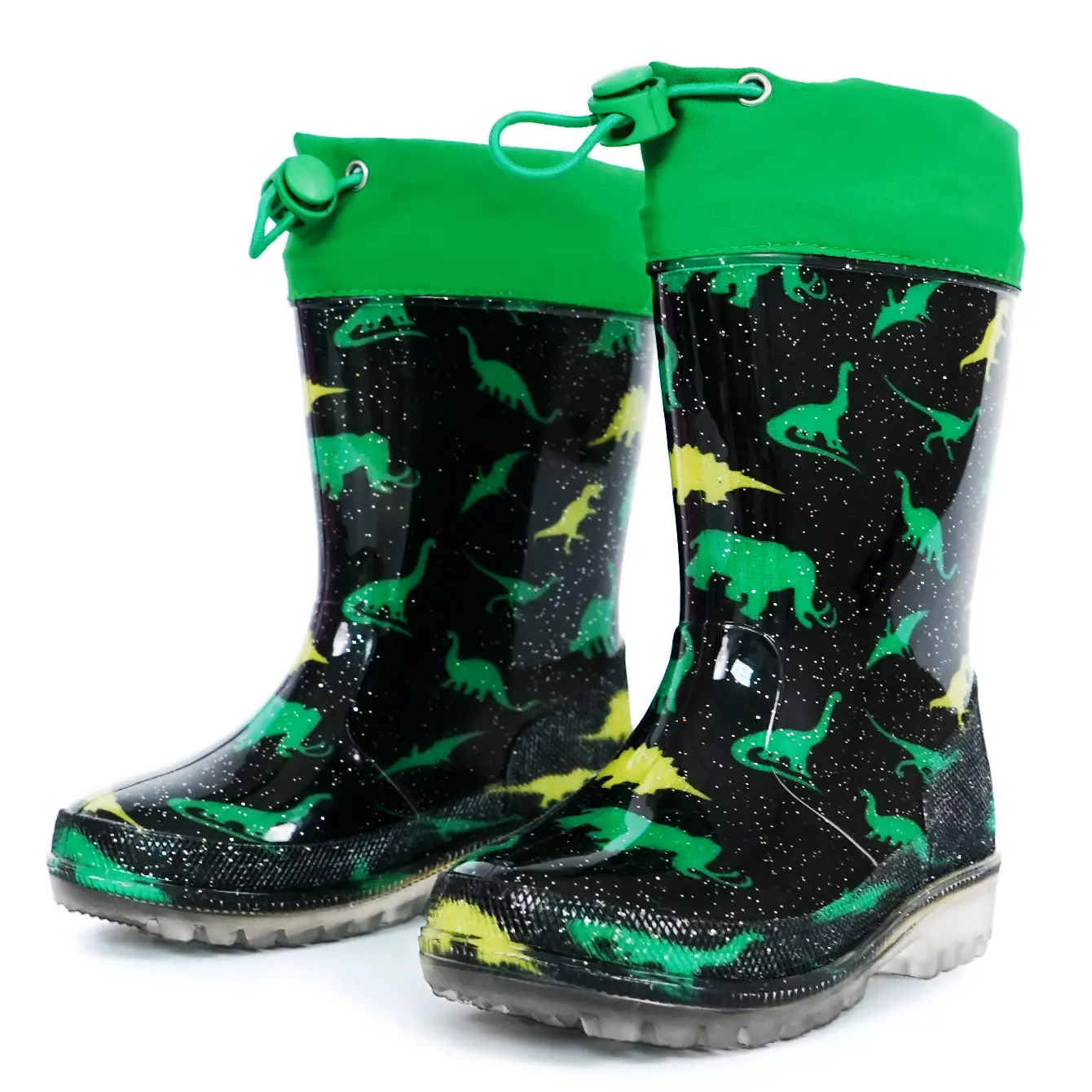 Boys' Green Dinosaur Footwear Boot, Waterproof Non-Slip Kids' Drawstring Rain Shoes