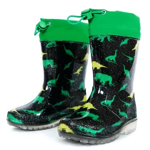 Kids Drawstring Rain Boots, Waterproof Non-Slip Green Dinosaur Rain Shoes for Boys