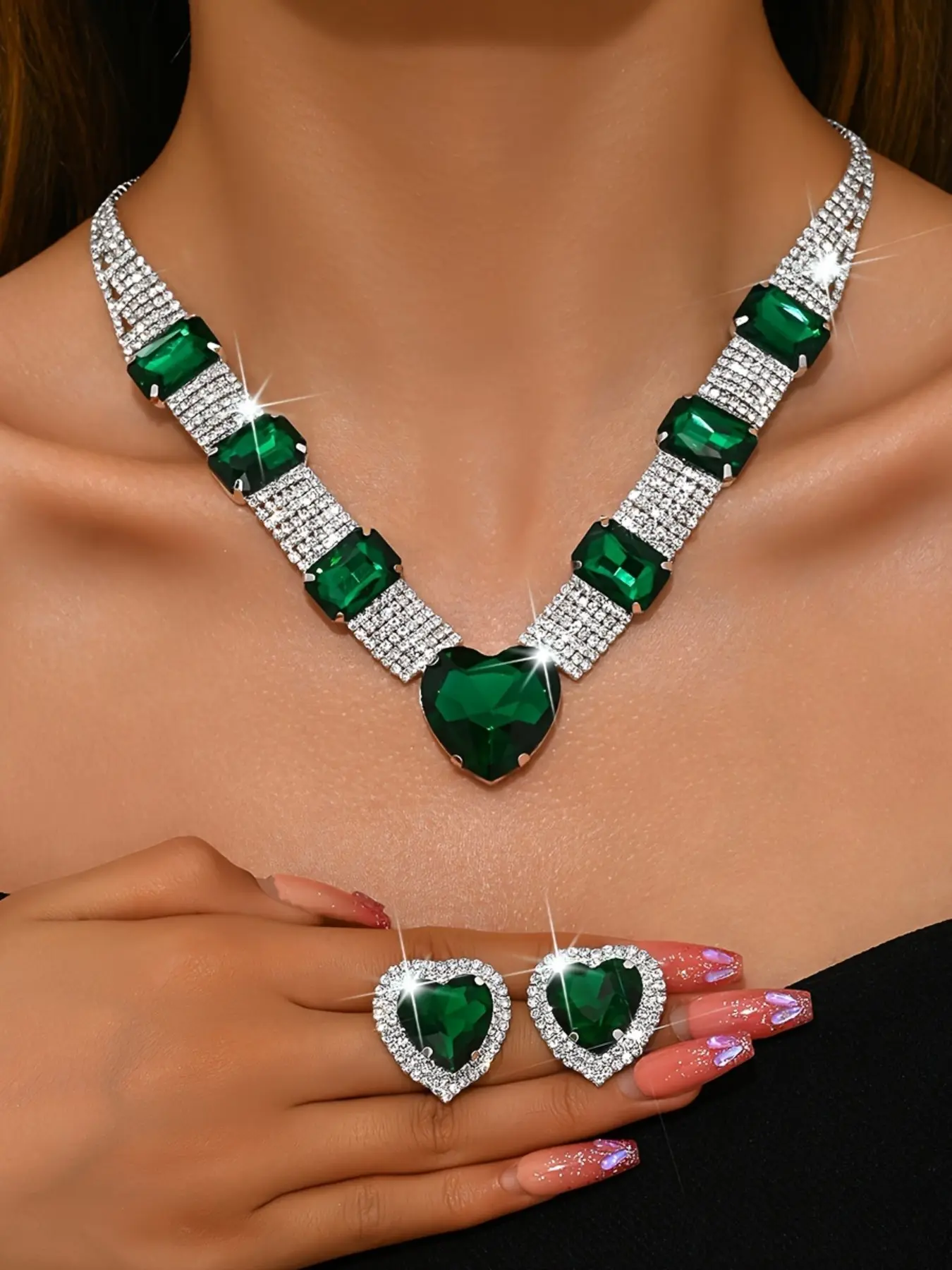Luxury Jewelry Set, Exquisite Heart Necklace & Stud Earrings, Shiny High-End Bridal Jewelry, Custom Wedding Accessories, Statement Ornaments for Party & Special Occasions, Fashionable Jewelry Set