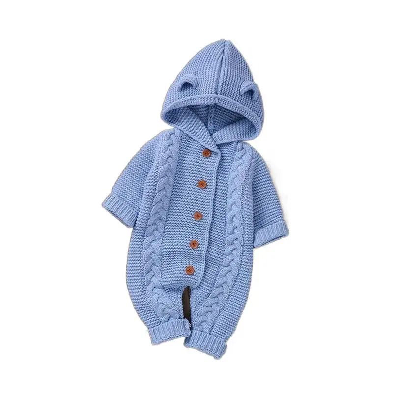 Infants' Solid Color Interlock Twist Knit Jumpsuit - Long Sleeve Hooded Button-Front Sweater Romper, Cozy 0-2 Years Fall Winter Regular Fitted Bodysuit, Hand Washable