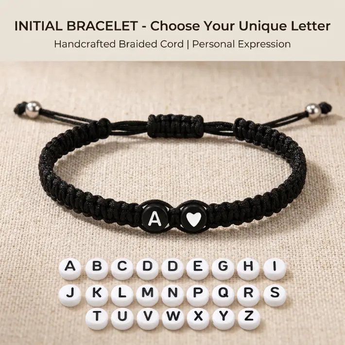 Initial Heart Bracelet - 26 Alphabet Braided Adjustable Bracelet for Women, Men, Teen Girls and Boys Jewelry Love  26 Letter Initial Heart Bracelet for Women Men, Black Braided Adjustable Couple Bracelet, Matching Love Jewelry Gift