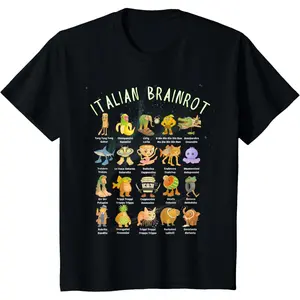 Kids Types of Italian Brainrot Meme Character Hand Drawn Teens T-Shirt Cartoon Print Tee Graphic Printed Tee