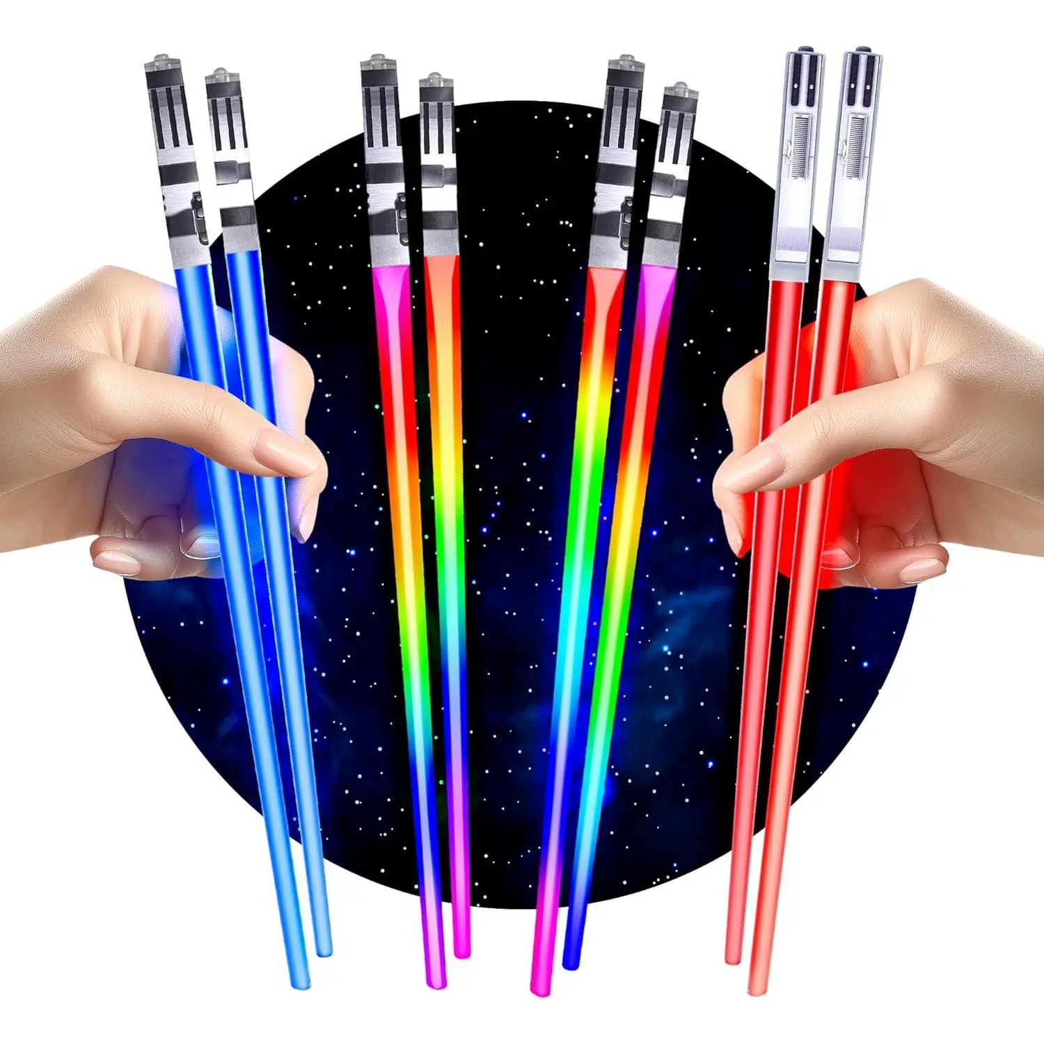 LED Lightsaber Chopsticks Set (4 Pairs Plastic Cutlery & Tableware) - 8 Changing Color Modes, Durable, 3 x LR41 Camera, Ideal for Movie Fans, Birthday Use