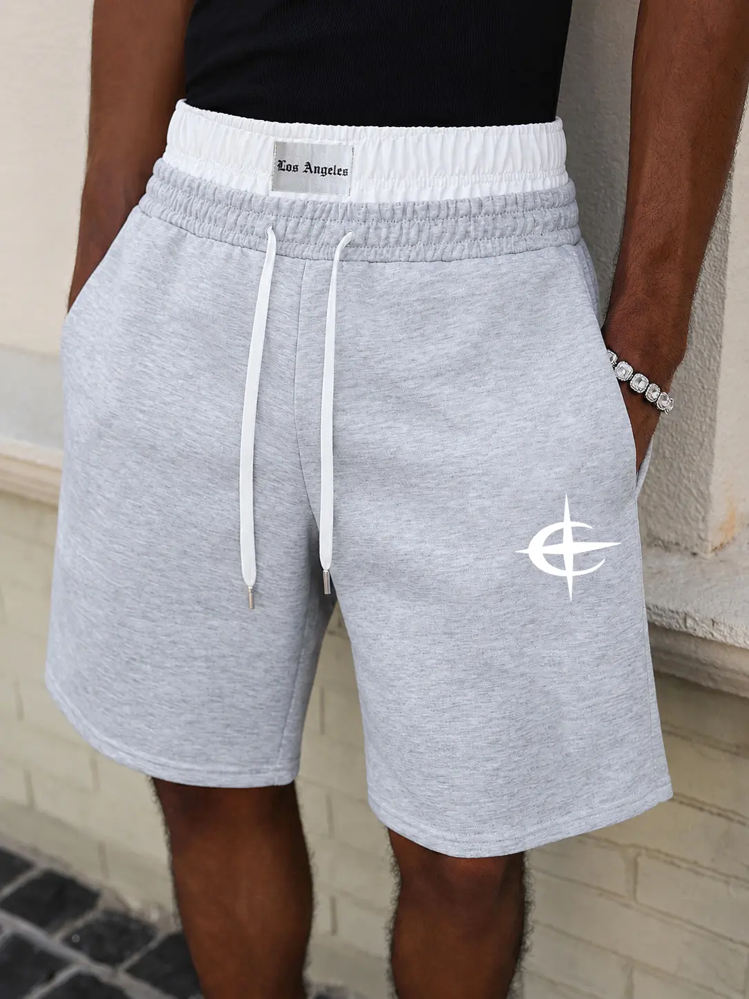 Men's Streetwear Double Waistband Athletic Shorts, Faux Layered Contrast Waist Casual Knee Length Sweat Shorts with Drawstring, Loose Fit Summer Lounge Bottoms for Gym, Workout, Running, Daily Wear, Hip Hop Outfits and Urban Fashion Relaxed Streetwear Fit