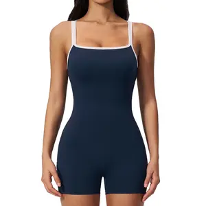Women's Square Collar Backless Sleeveless Spandex-Nylon Bodysuit with Shorts