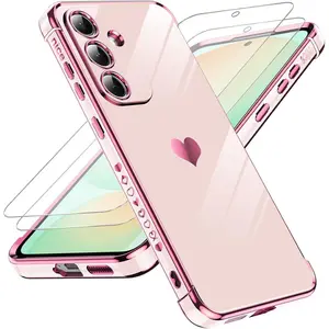 For Samsung Galaxy S25-FE Case: [   ] Screen Protector [2 Pcs] + Full Camera Lens Protection,Love Heart Plating Luxury Cell Android Basic Funda para S25FE S 25 FE,Pink