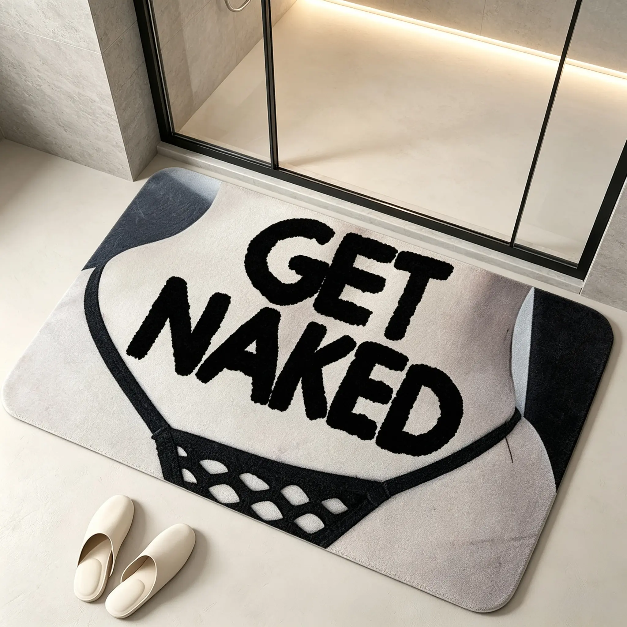 Funny Get Naked Lingerie Pattern Bath Mat Soft Flannel Absorbent Door Mat Non Slip Quick Dry Shower Rug Unique Gag Gift for Bathroom Bedroom Entryway Decor 16x24 20x32 Inch Novelty Humorous Indoor Floor Mat Housewarming Present