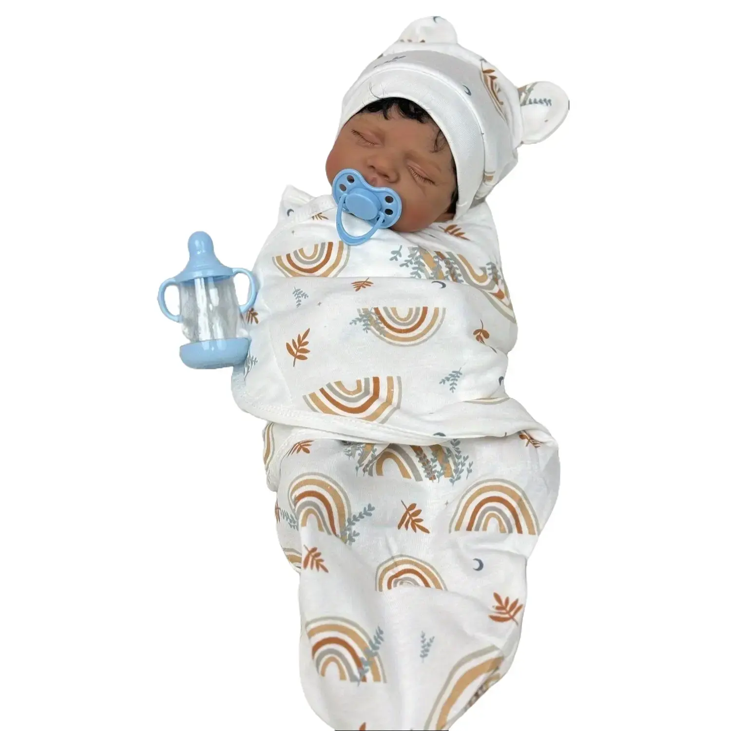 TopLink 48 CM Asleep Reborn Baby Doll Toy for Girls Vinyl Limbs Cloth Body Lifelike Black Skin Smile Doll with Clothes Set Pacifier Feeding Bottle Birth Card Birthday Gift Play House Toy Real Life Doll Sleeping Doll