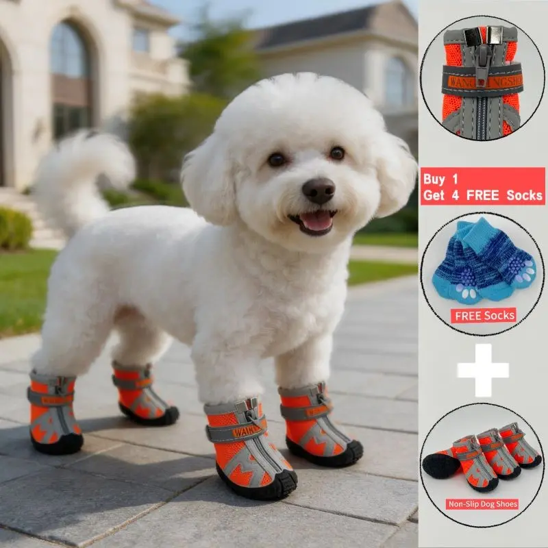 Comfortable Dog Shoes Set of Four, Breathable Mesh Zipper Design, Durable Soft Paws for Small Puppy Dogs, All-Season Outdoor Wear, Includes Socks