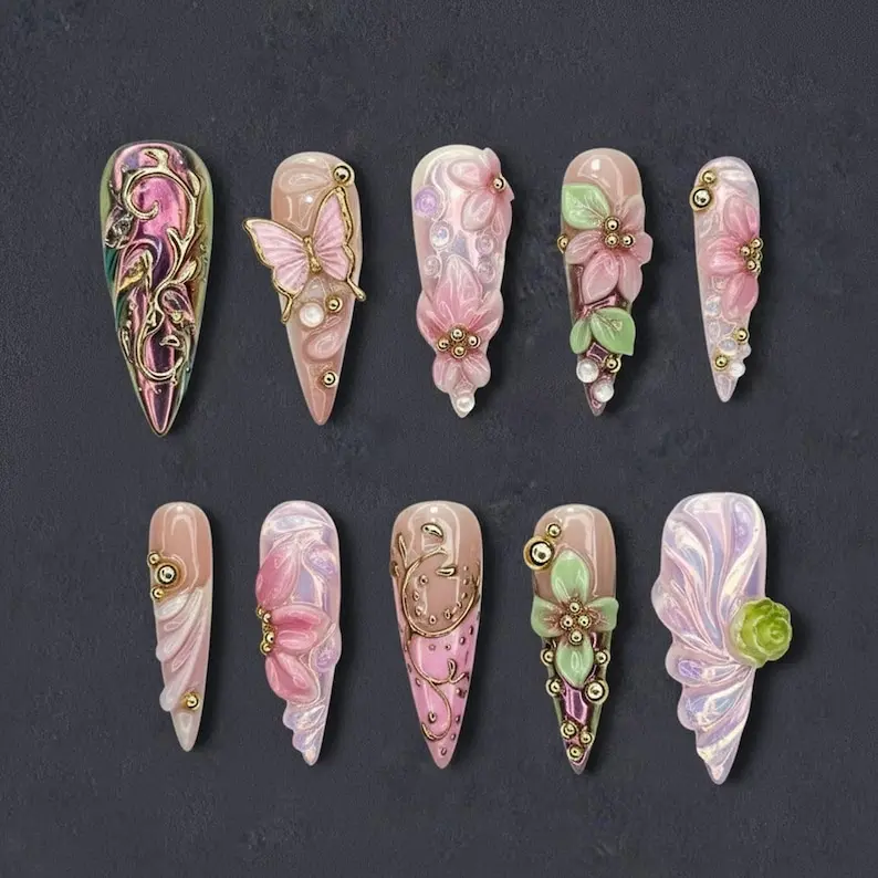 Fairycore Press-On Nails – 3D Roses, Gold Butterfly, Baroque Swirls