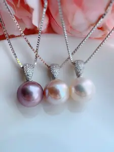 Piswency Genuine Freshwater Pearl Necklace, Large Round Pearl in Natural Purple Color, 925 Silver Removable Universal Pendant, Mother's Day Gifi