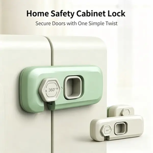 4PCS 360° Rotating Cabinet Lock Self-Adhesive No Drill Home Security Lock, Heavy Duty ABS Drawer Safety Latch for Closets, Appliances, Fridges, Wardrobes, Pantry Doors & Storage Cabinets, Easy Peel & Stick Installation