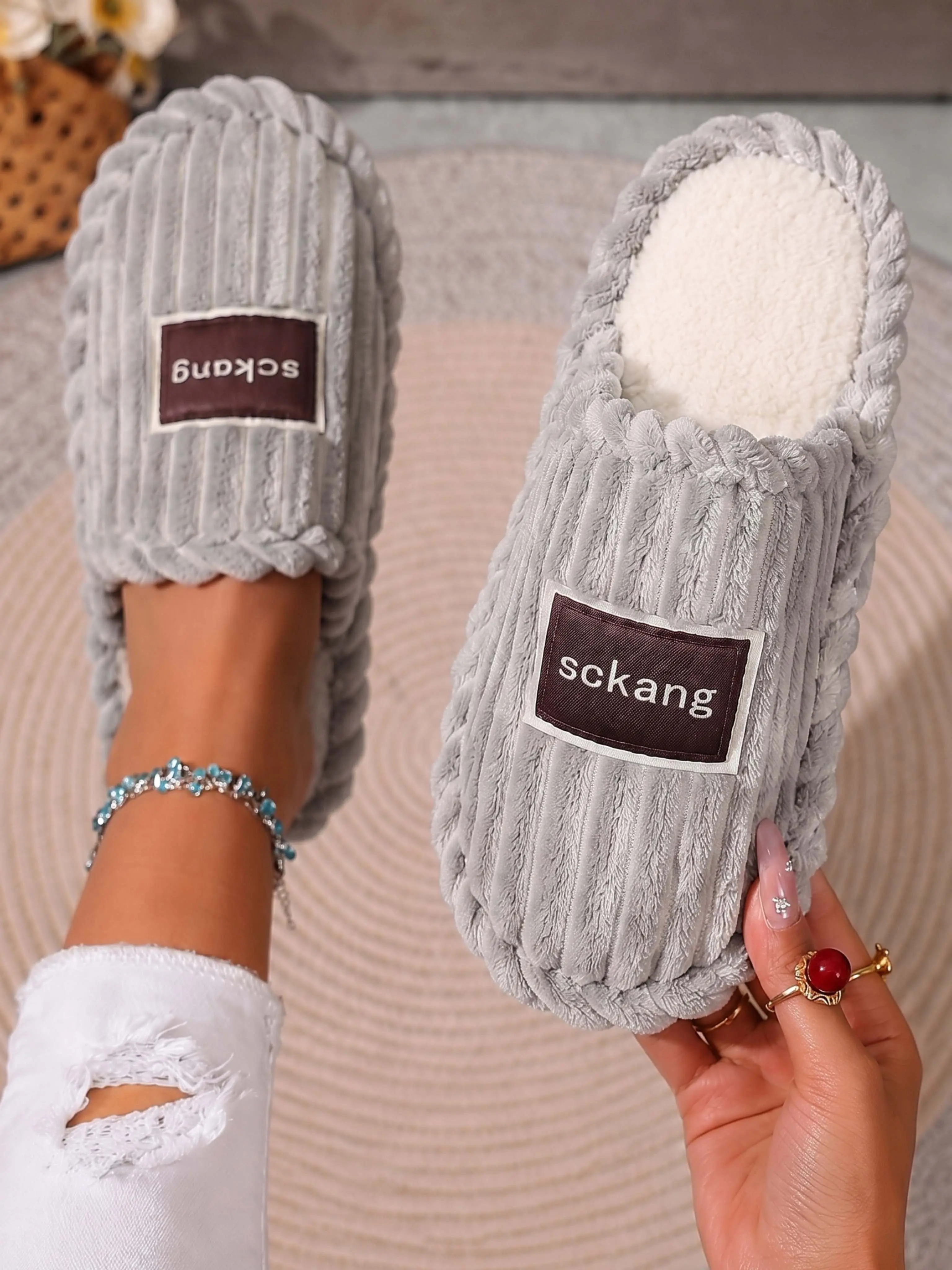 Women's Striped Home Slippers, Thickened Warm, Durable Indoor/Outdoor, Comfortable Winter House Shoes, Soft Slip-On Design, Christmas Easter Birthday Gift Option, Women Shoes