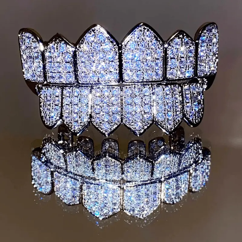 Bling Fangs: 18K Silver Plated CZ Vampire Teeth Grills - Perfect For Halloween & Hip Hop Costumes Oral Cosmetic Aesthetic Clear