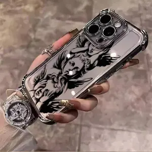 Black Angel Cupid God of Love Sacred Pattern Creative Design Exquisite Electroplating TPU Shell Suitable For IPhone 17 16 15 14 13 12 11 PRO PLUS MAX AIR Four-corner Drop-proof Transparent Casual Soft Silicone Mobile Phone Case L340 Aesthetic Protective,,