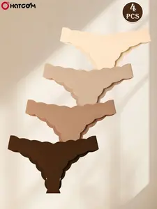 Women's Morandi Color Panty Set, 4 Pack Clean Girl Style Thongs, Full Coverage Cream Edge Design, High Stretch Invisible, All Sizes S-2xl