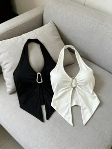 Summer Sexy Women's Tank Top Sleeveless Set, Metal Buckle Front, Backless Design, Casual Fitted Style, Plain Pattern, Two-Piece