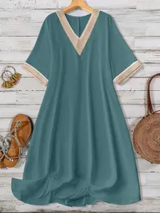 Plus Size V Neck Colorblock Batwing Sleeve Knit Summer Dress Womenswear, Casual Boho Style, Comfortable and Stylish, Perfect for Warm Weather