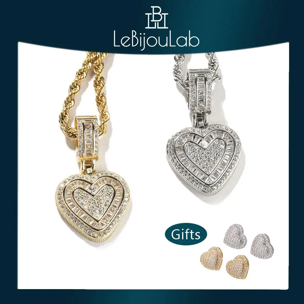 [LeBijouLab] 2026 Viral Golden (18K Gold Plated) & Silver Iced-Out Bling Heart Necklace w/ 20in or 24in Stainless Steel Rope Chain w/ a Pair of free Heart Earrings| Holiday Gift | Christmas Gift | Gifts for Girlfriend | Gifts for Wife | Gift for Boyfriend