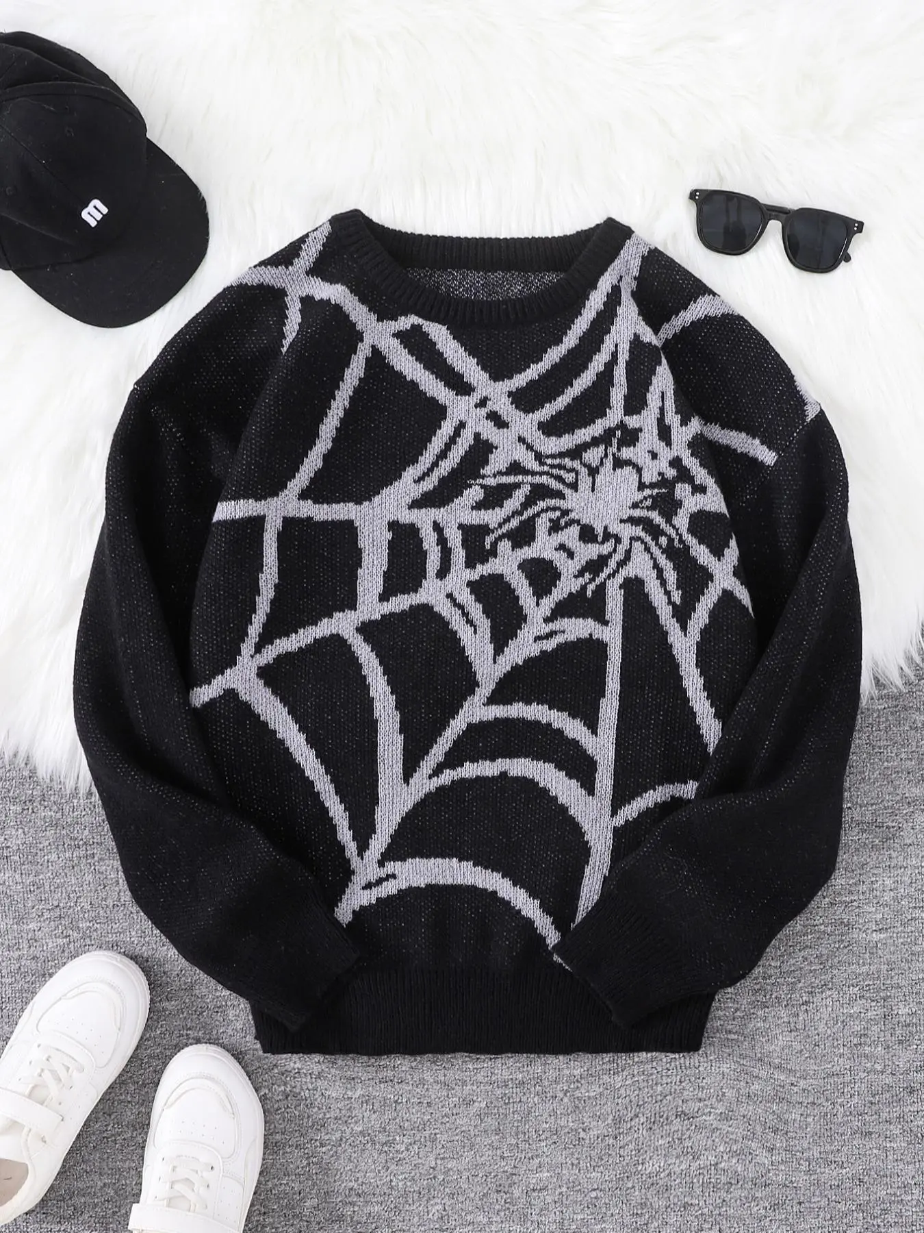 Men's Spider Web Pattern Crewneck Sweater, Regular Fit Casual Drop Shoulder Long Sleeve Jumper for Spring & Fall, Fashion Men's Knitwear for Daily Wear