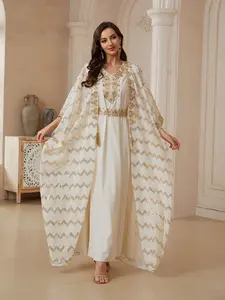 Middle Eastern Ramadan Eid Embroidered Gold Thread Embellishment Shawl Set, Dubai Style Luxury Lady Kaftan Abaya, Long Floral Evening Dress Formal Wear
