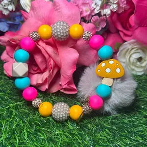 Summer mushrooms wristlet keychain color scheme turquoise, yellow, hot pink, nude and bling Beads made with wire