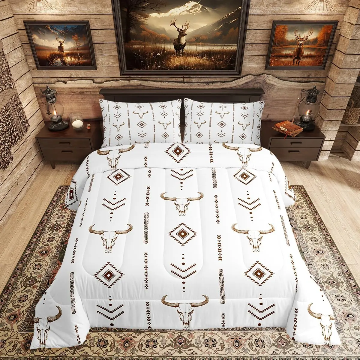 Feelyou Breathable Duvet Set - Multi-Size, Travel-Friendly, All-Seasons Bohemian Western Aztec Bedding with White-Brown Cowboy Bull Skull, Exotic Ethnic Horns, Western Decor, Machine Wash for Adults