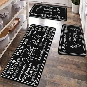 2/3pcs kitchen anti-slip floor mat set, black and white warm quotes printed kitchen decoration floor mat, soft flannel washable kitchen floor mat, suitable for kitchen, dining room, laundry room, Washable kitchen rugs