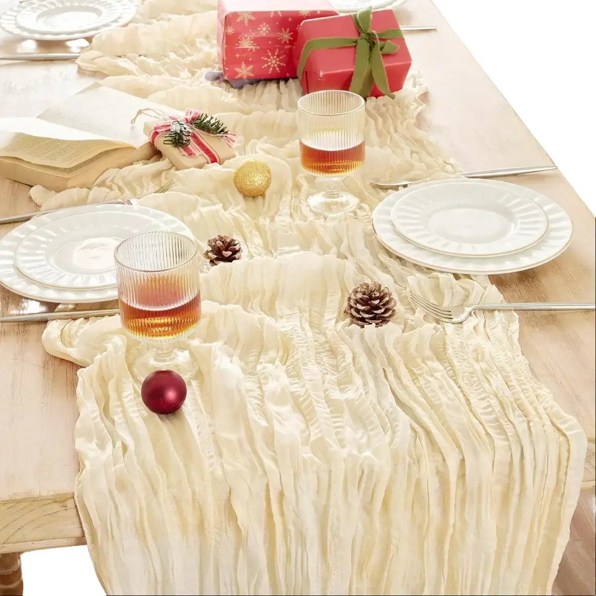 Soft Polyester Boho Rustic Geometric Cheesecloth Gauze Table Runner with Flowing Texture, Machine Washable, for Farmhouse Home Decor, Rustic Farmhouse Decor, Modern Farmhouse Decor