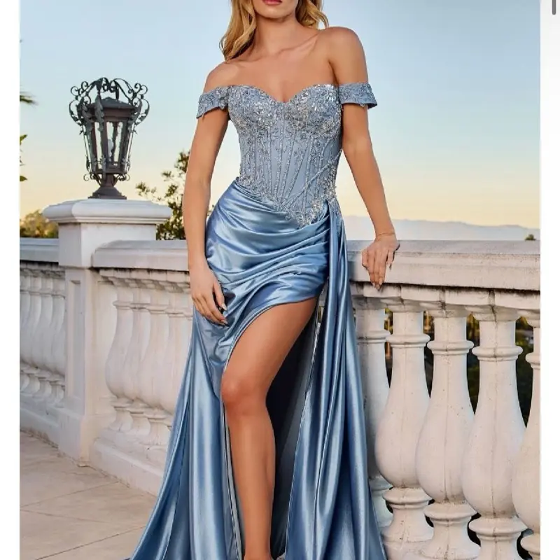 OFF THE SHOULDER LACE & SATIN FITTED GOWN