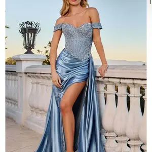 OFF THE SHOULDER LACE & SATIN FITTED GOWN