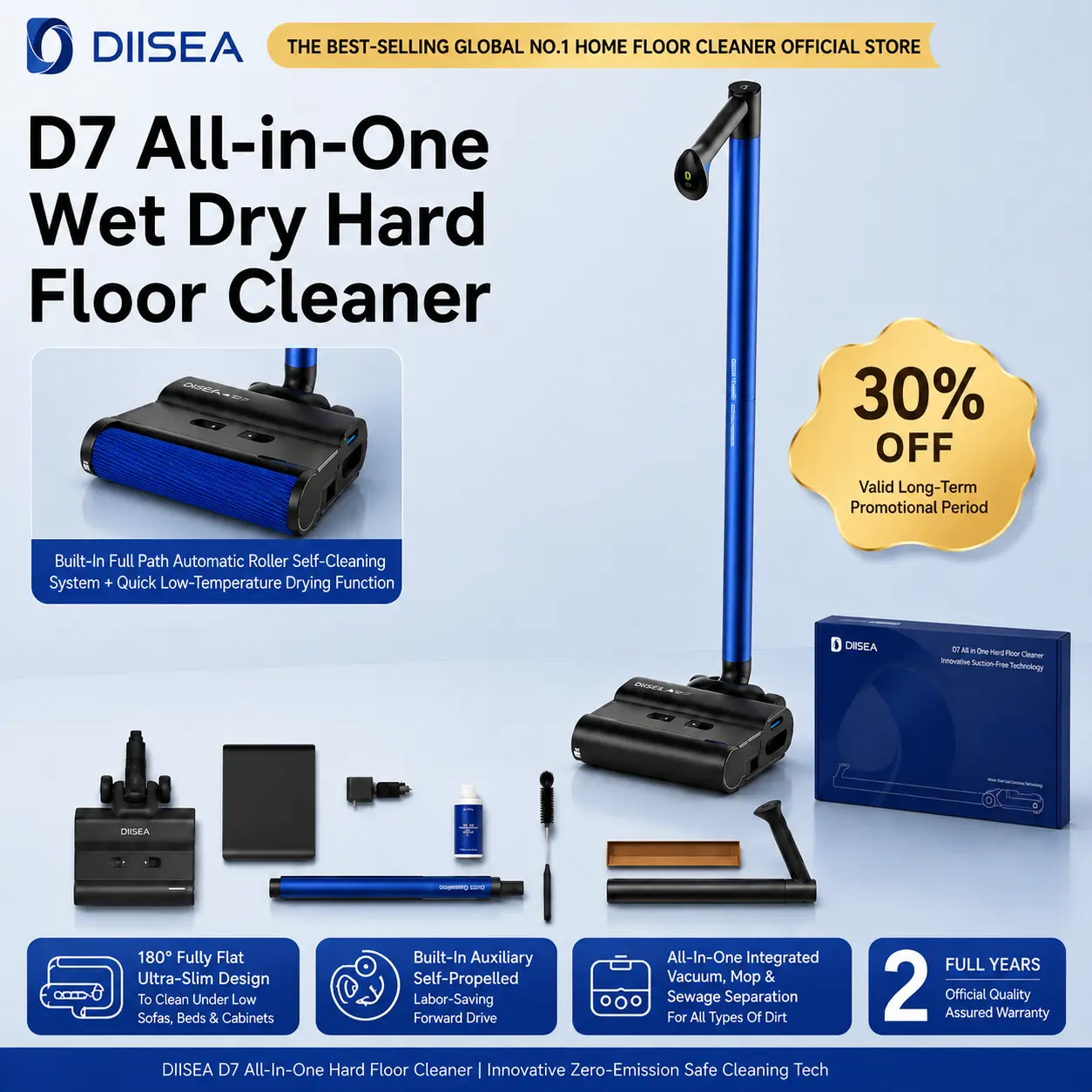 DIISEA D7 Ultra-Light Floor Washer | 3kg Lightweight All-In-One Floor Cleaner For Pet Hair & Family