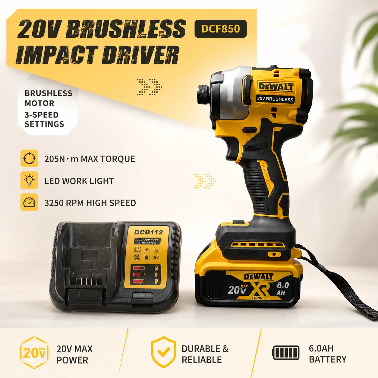 DEWALT DCF850 20V Brushless Cordless High Torque Impact Driver & Wrench, 205Nm Max Torque, 3250RPM Adjustable Speed Electric Screwdriver for Woodworking, Daily Maintenance