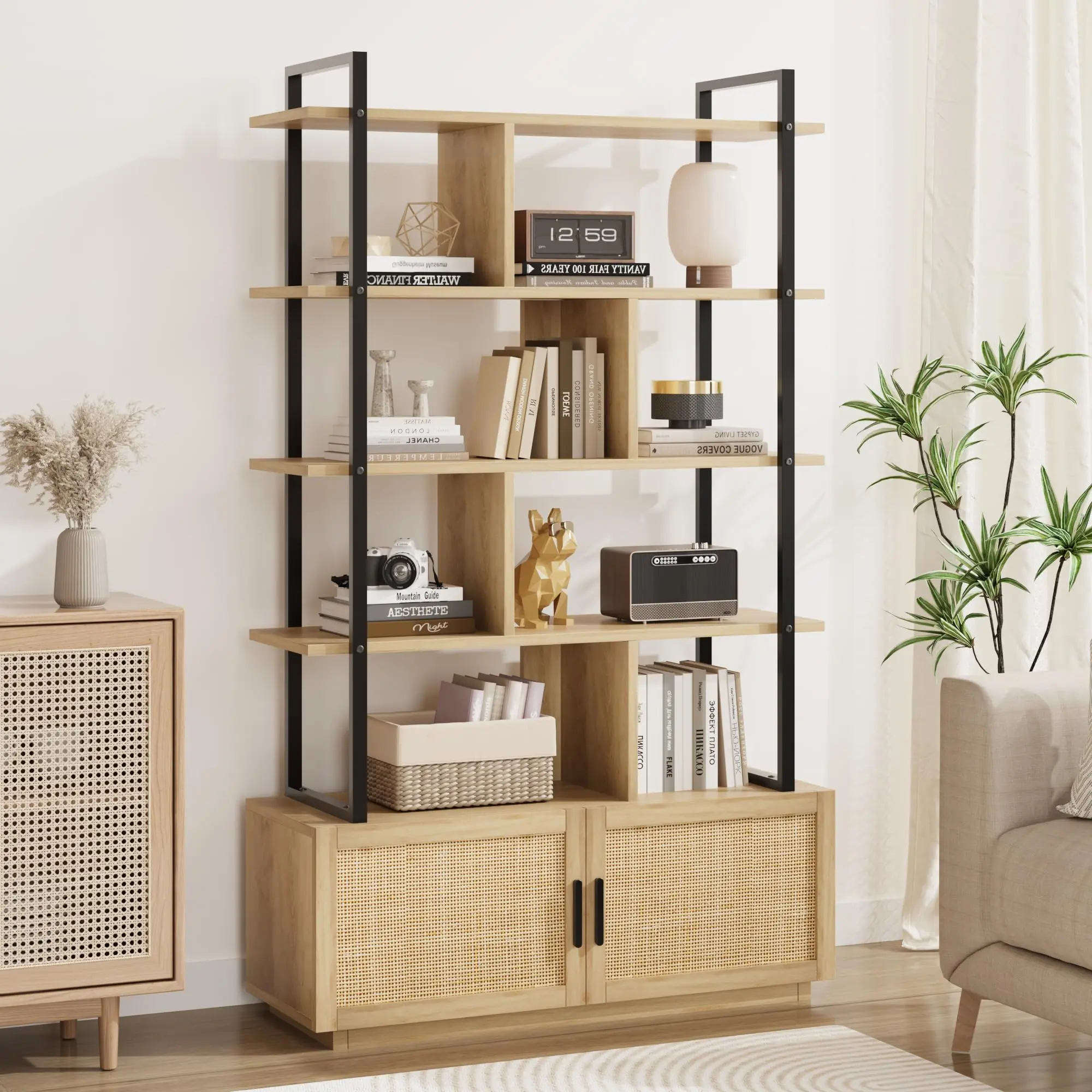 Garvee 5-Tier Tall Rattan Bookshelf with Storage Cabinet and Door, Featuring Industrial Open Metal Shelves and Burlywood Wood Color, Ideal for Living Room or Bedroom Organization
