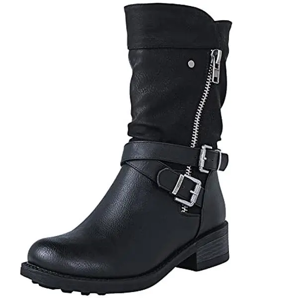 GLOBALWIN Women's Mid Calf Boots Biker Boots Distressed Brown Boots For Women Low Heel Size 6M
