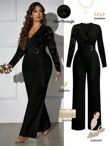 Plus Size Women's Velvet Floral Lace Long Sleeves Jumpsuit, Chic, Elegant, Fitted, V Neck Front Opening, Backless Sheer Transparent Detail, Wide Waist Belt, High Waisted Flared Pants, Womenswear