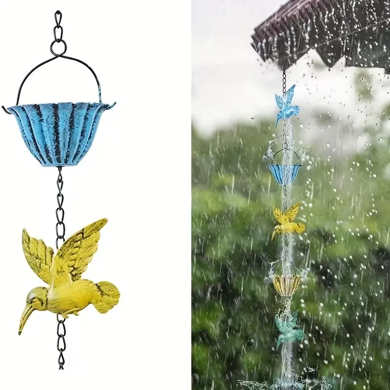 7.9ft Rain Chains for Gutters Outside, Colorful Rain Catcher Chain with 7 Metal Cups & 8 Hummingbird Decor, Adjustable Hanging Rain Hutter Chain Downspout Substitute for Garden Drainage & Eaves