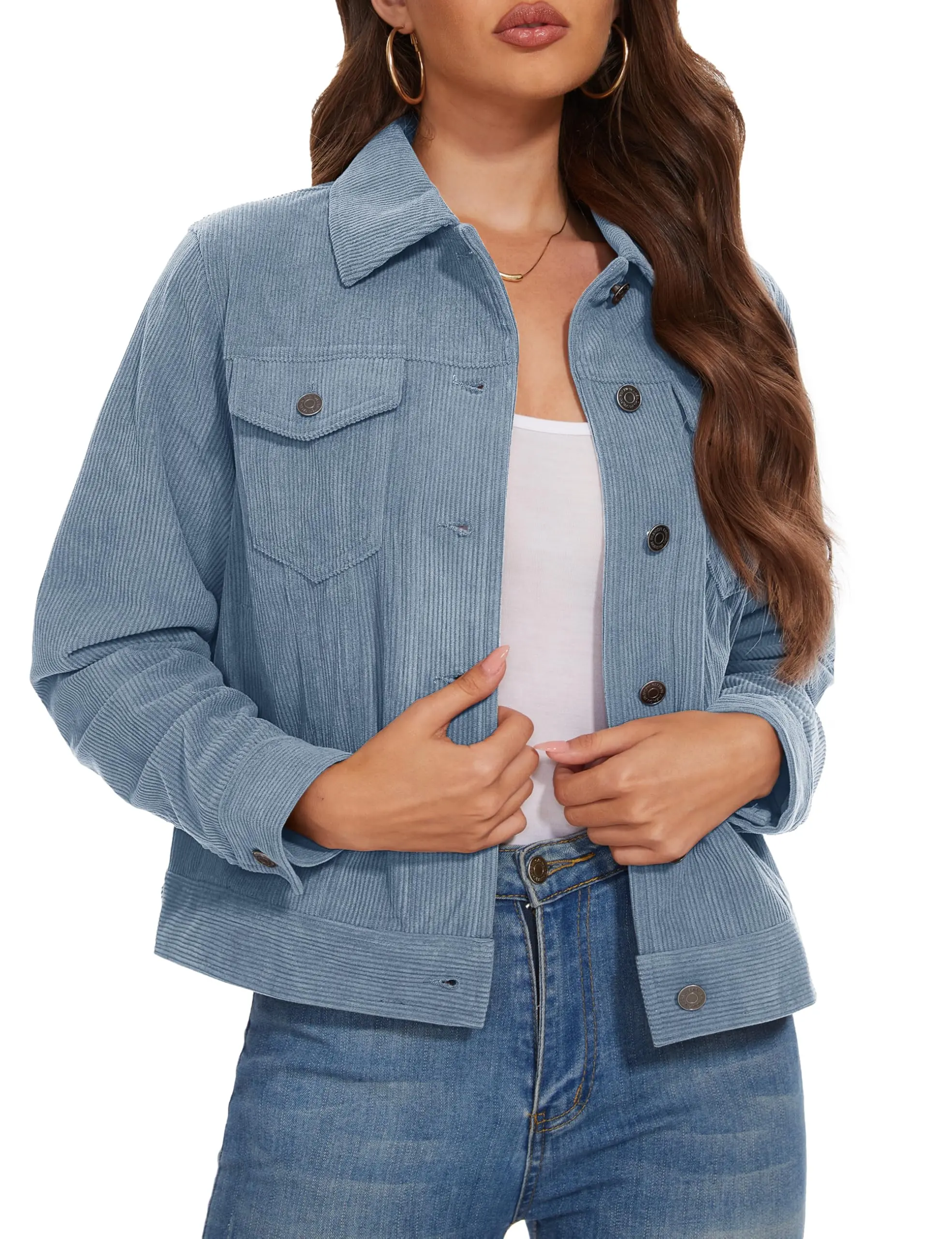 Cotrasen Womens Corduroy Jacket Button Down Collared Coat | Long Sleeve,Drop Shoulder,Outwear Shacket,Spring,Fall,With Pockets,Cute,Casual,Soft,Comfort,Lightweight,Warmth,Work,Business