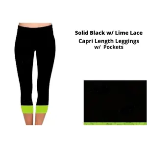 Plus Size Solid Black Capri Leggings, Stretchy Casual Bottoms with a Neon Lime Green Lace Trim for Women