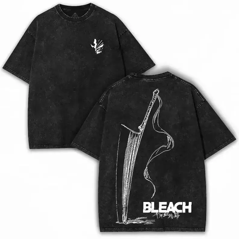 Black Washed Bleach Thousand‑Year Blood War Zangetsu Sword White Line Art Vintage Anime Graphic T‑Shirts for Men, Oversized Short Sleeve Crewneck Cotton Tee, Casual Streetwear Top for Shinigami Fans Daily Wear