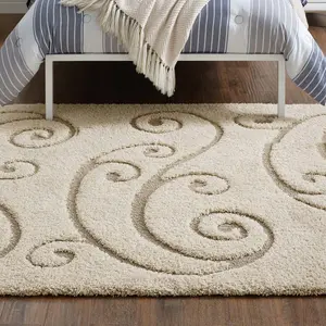 Modway Jubilant Sprout Scrolling Vine 5x8 Shag Area Rug in Creame and Beige
