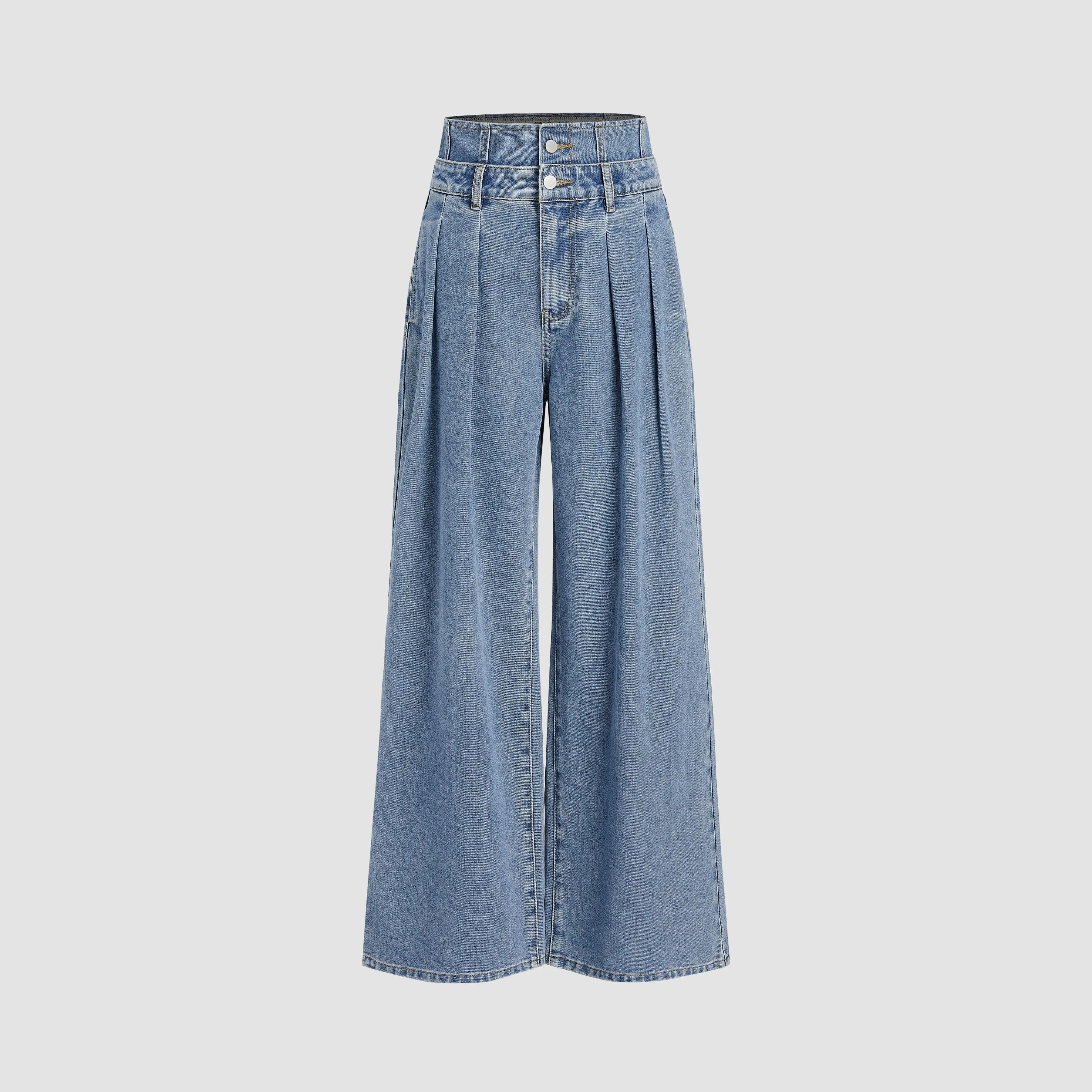 Cider Double High Rise Solid Button Wide Leg Jeans