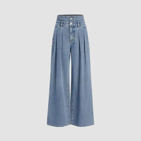 Cider Double High Rise Solid Button Wide Leg Jeans