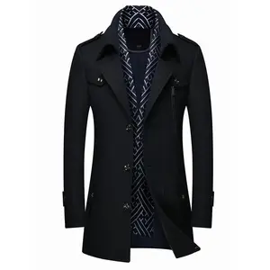 Men’s Wool Blend Trench Coat with Detachable Soft Scarf, Notched Lapel Collar, Single-Breasted Pea Coat Overcoat