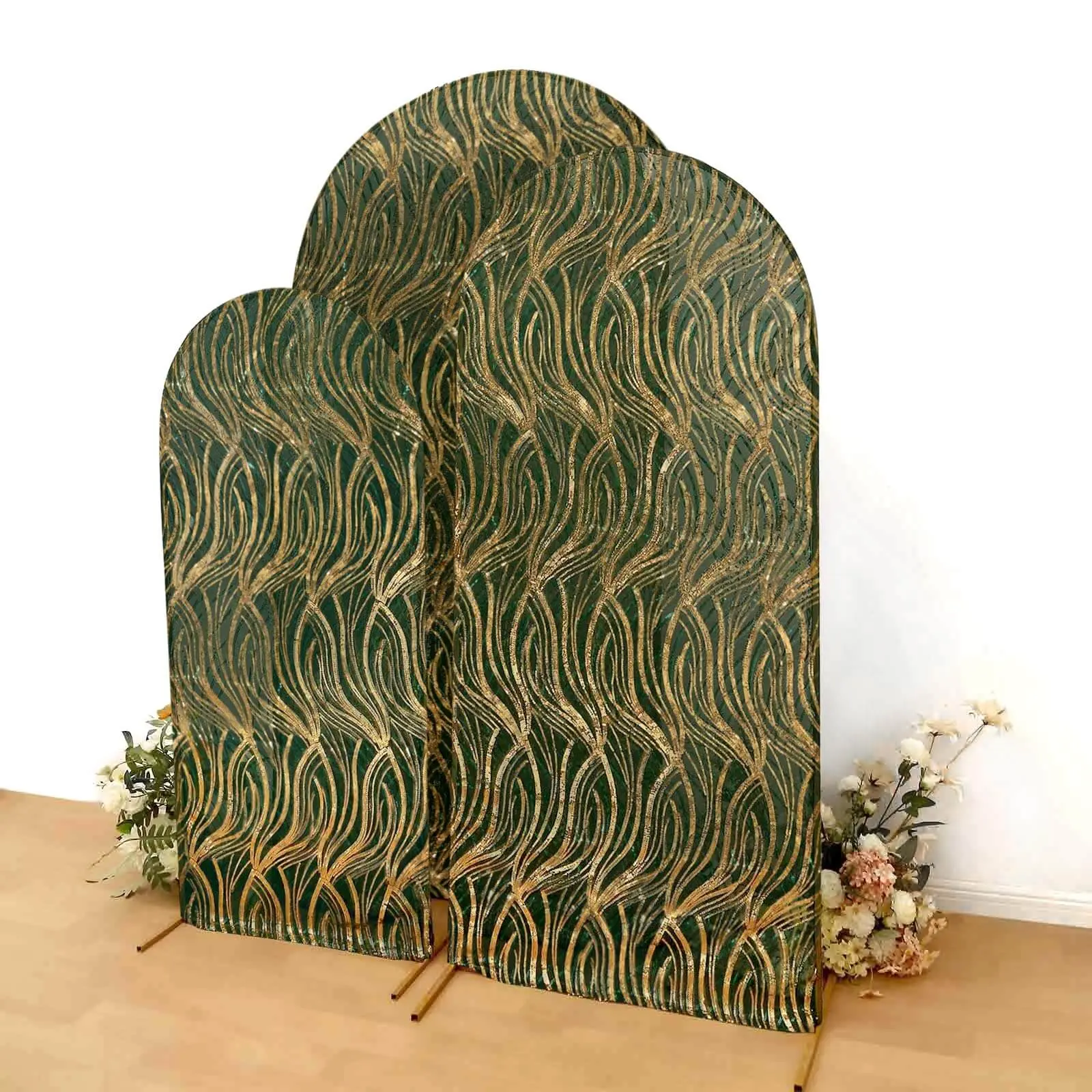 Wedding Arch Covers Set of 3 - Hunter Emerald Green Wave Mesh Chiara Style with Gold Embroidered Sequins, Fitted for 5ft,6ft,7ft Round Top Backdrop Stands