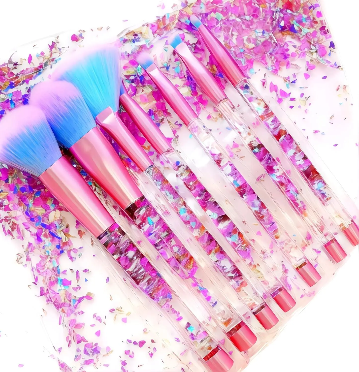 RAEEIKPHZ 7-Piece Unicorn Crystal Sparkles Blue Blush Powder Fan Makeup Blender Brush Set, Full Bristles, Soft Nylon, Gentle Touch, Glitter Handle