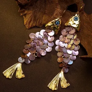 Gold Fish Shape Shell Scale Dangle Earrings | Iridescent Abalone Shell Fish Hook Earrings