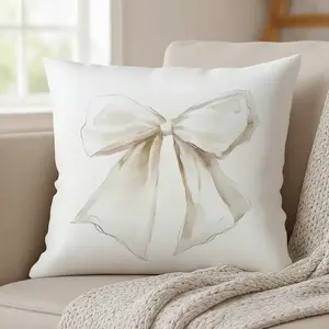 1pc Minimalist Khaki Bow Decorative Pillow Cover, Single-Sided Soft Peach Velvet Fabric, Fits 45*45/40*40/50*50CM Throw Pillow, Suitable For Indoor Decor, Party Decoration, Decorative Pillow Gift