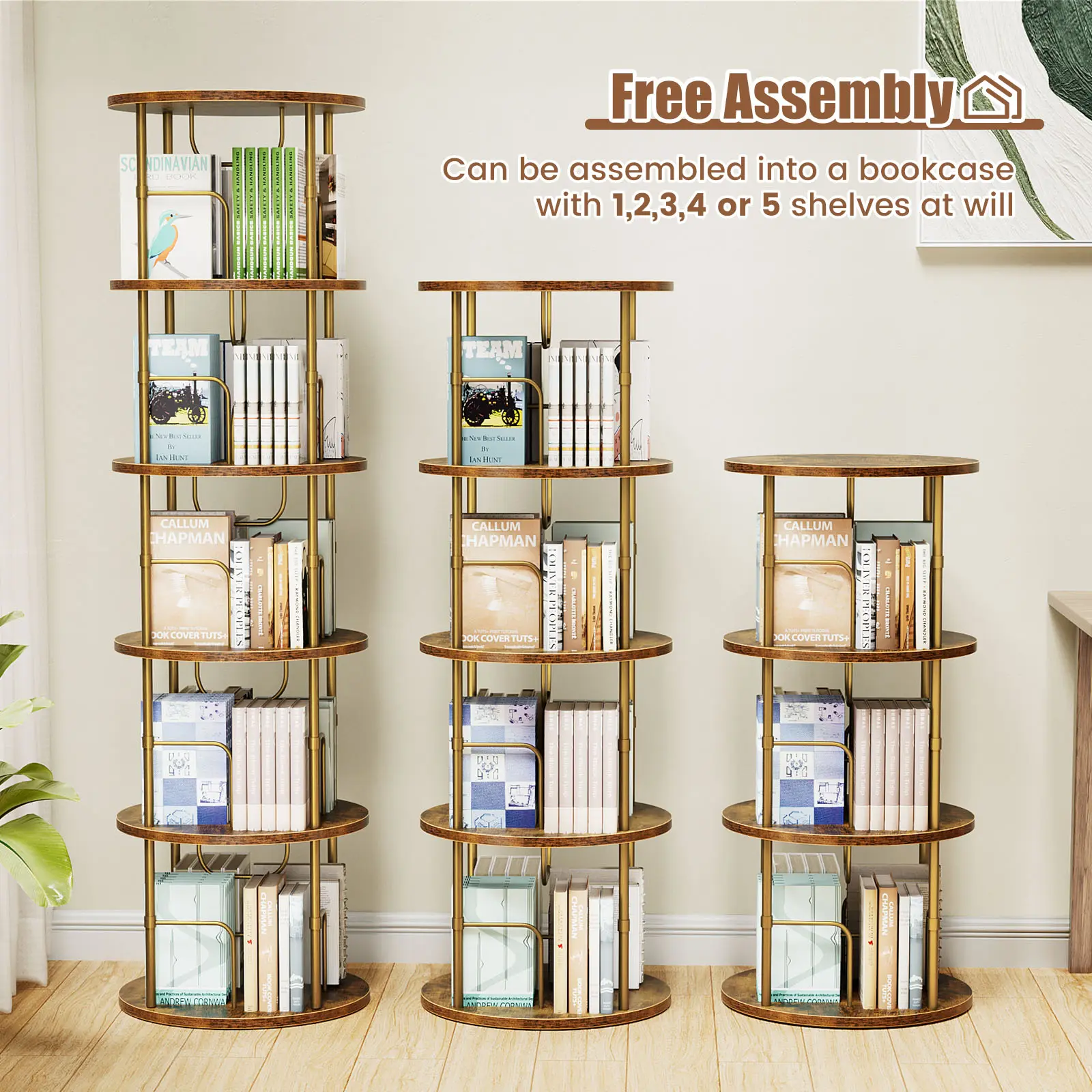Flycity 3 Tier - 5 Tier Rotating Bookshelf Tower,360° Display Unique Round Bookcase, Floor Standing Corner Revolving Storage Organizer Furniture Wood Organizing Study Table Modern Wood Desk floating shelves bookshelf